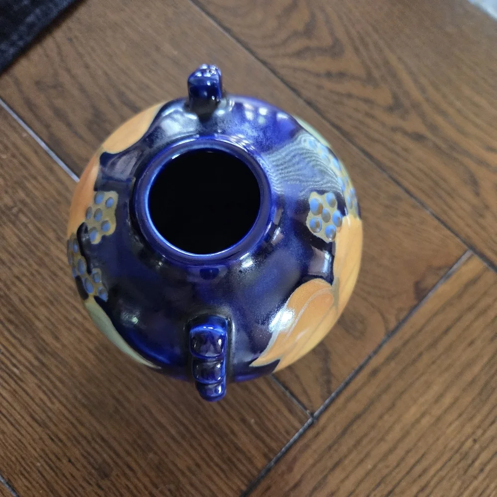 Vintage Cobalt Blue Vase With Grapes And Leaves Made In Japan